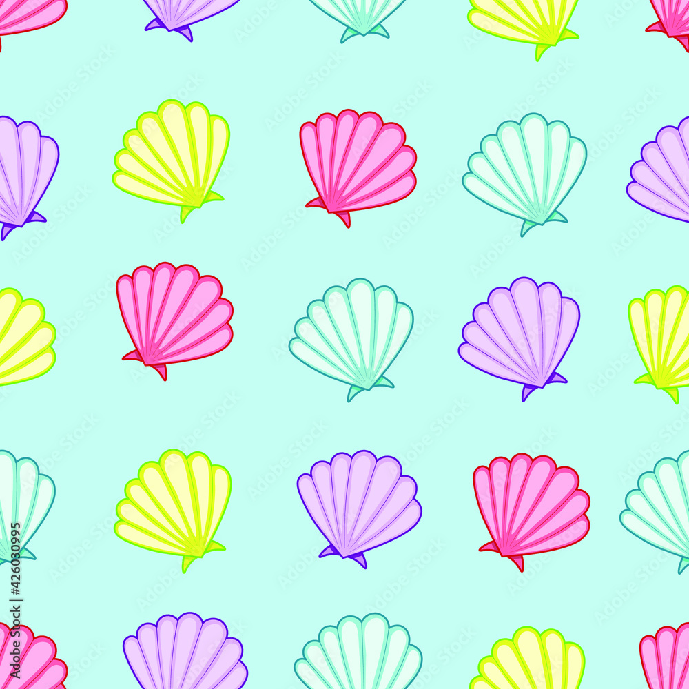 Obraz premium Seamless summer seashell pattern. Elements on a light blue background.