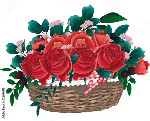 Hand drawn floral bouquet composition with roses and eucalyptus in wooden box