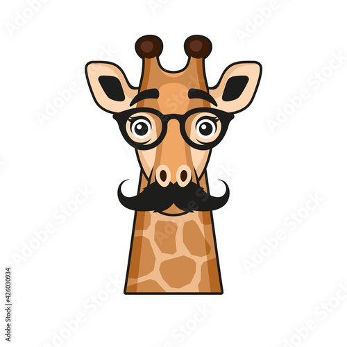 Cute Giraffe Face with Eyeglasses and Mustaches on White Background. Vector