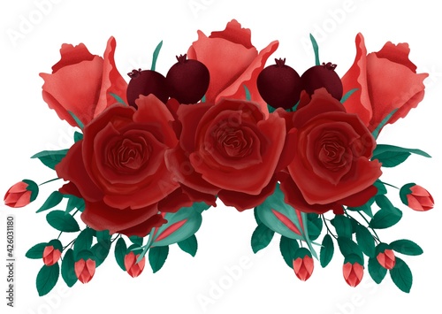 Hand drawn floral bouquet composition with roses and eucalyptus