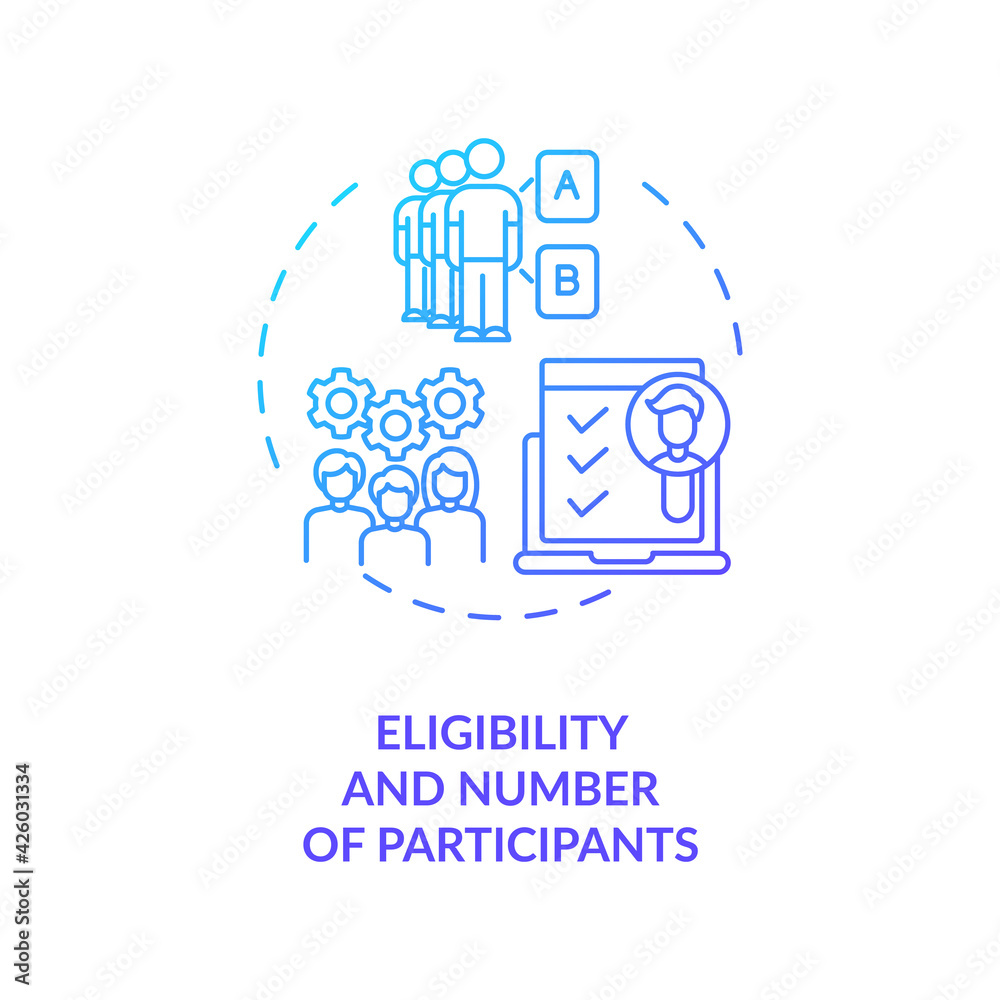 Eligibility and participants number concept icon. Clinical trial protocol idea thin line illustration. Patient-centeredness. Estimation strategies. Vector isolated outline RGB color drawing