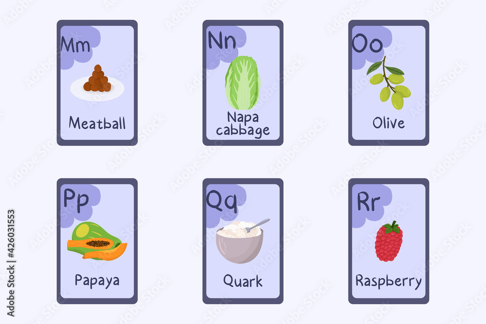 Colorful alphabet flashcard Letter M, N, O, P, Q, R - meatball, napa cabbage, olive, papaya, quark, raspberry.