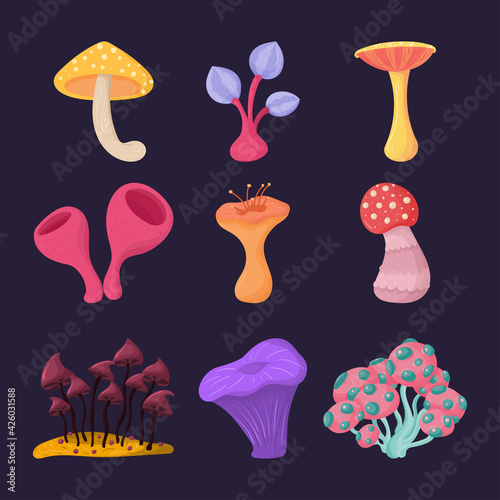 Fantasy alien mushroom set. Fantastic collection for decorative design.