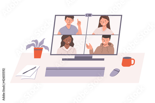 Conference call and remote meeting concept. Co-workers speaking and discussing smth using video chat on computer. Flat cartoon vector illustration