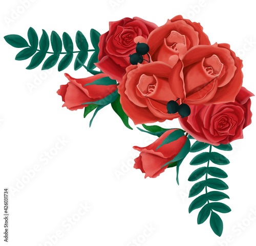 Hand drawn floral bouquet composition with roses and eucalyptus