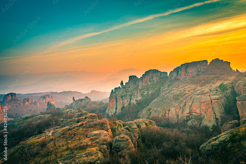 Beautiful sunset sky over the unique canyon like Belogradchik rocks in  Bulgaria 