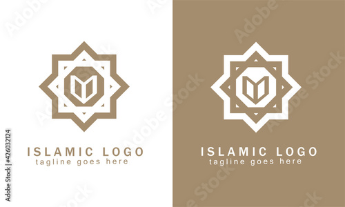 Islamic badge logo design vector. Luxury ornament logo template. Design in light brown and white colors