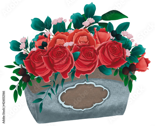 Hand drawn floral bouquet composition with roses and eucalyptus in metal box