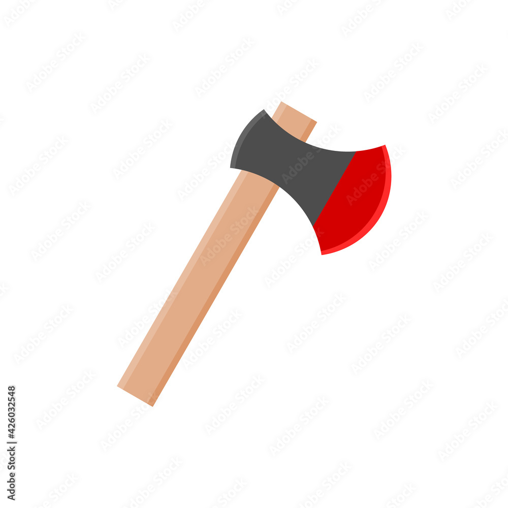 Axe with wooden handle icon. Camping equipment. Forester, fire, garden ax. Outdoor metal tool with red blade. Weapon design element. Woodworking, lumberjack symbol. Vector illustration, flat, clip art Axe with wooden handle icon. Camping equipment. Forester, fire, garden ax. Outdoor metal tool with red blade. Weapon design element. Woodworking, lumberjack symbol. Vector illustration, flat, clip art