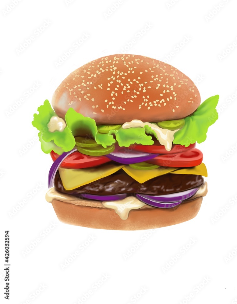 Illustration of an appetizing hamburger with cheese, tomatoes and onions. Image of a burger for different types of printing.
Illustration of an appetizing hamburger with cheese, tomatoes and onions. Image of a burger for different types of printing.