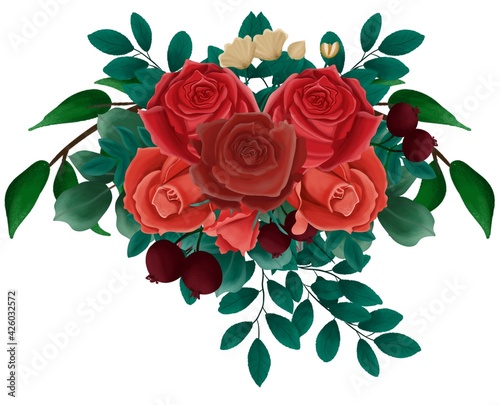 Hand drawn floral bouquet composition with roses and eucalyptus