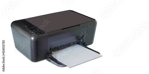  Black printer and white paper on white background, technology, object, copy space