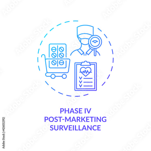 Post-marketing surveillance concept icon. Trials phase 4 idea thin line illustration. Patient reporting system. Pharmacovigilance. Adverse effects detection. Vector isolated outline RGB color drawing