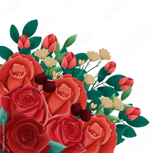 Hand drawn floral bouquet composition with roses and eucalyptus