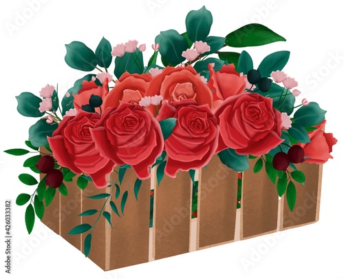 Hand drawn floral bouquet composition with roses and eucalyptus in wooden box