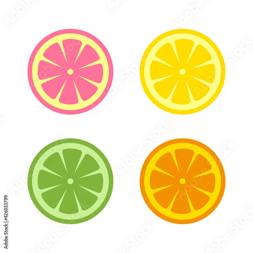 Citrus slices, including orange, lemon, grapefruit and lime, isolated on white background