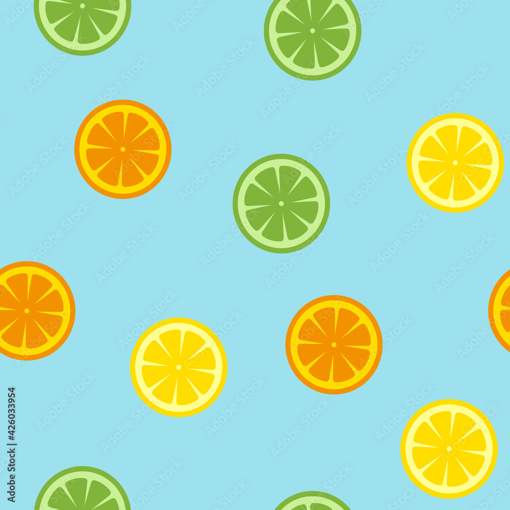 Citrus slices, including orange, lemon and lime, seamless pattern on blue background
