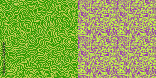 Abstract linear seamless vector trend pattern virus, bionic ornament on green and dark background. Colors of fashion trends of the year graphic. For textiles, wallpaper, bedding, floral design