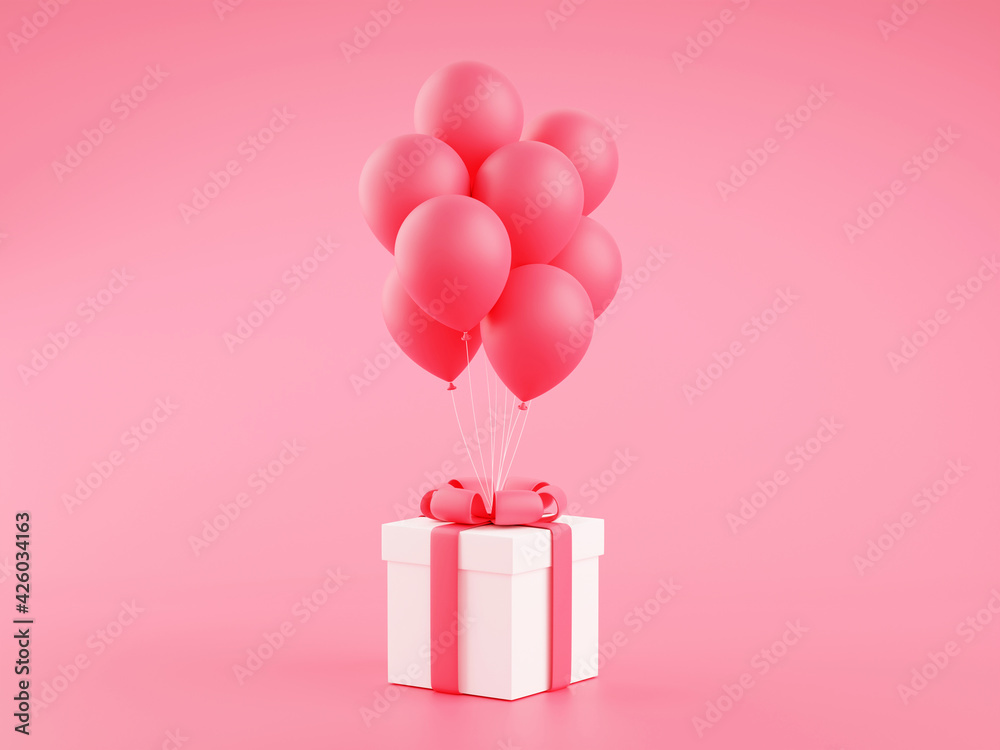 Gift box with bunch of balloons 3d render illustration.