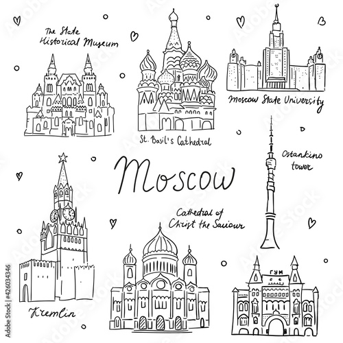 Hand drawn doodel sketch of Moscow landmarks. Univercity, Cathedral, Kremlin, Basil s temple, Historical museum. lack line on white background.