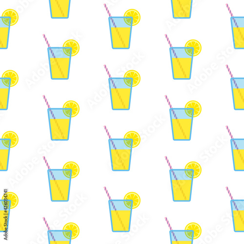 Lemonade in blue glass with striped straw and slice of lemon, seamless pattern on white background