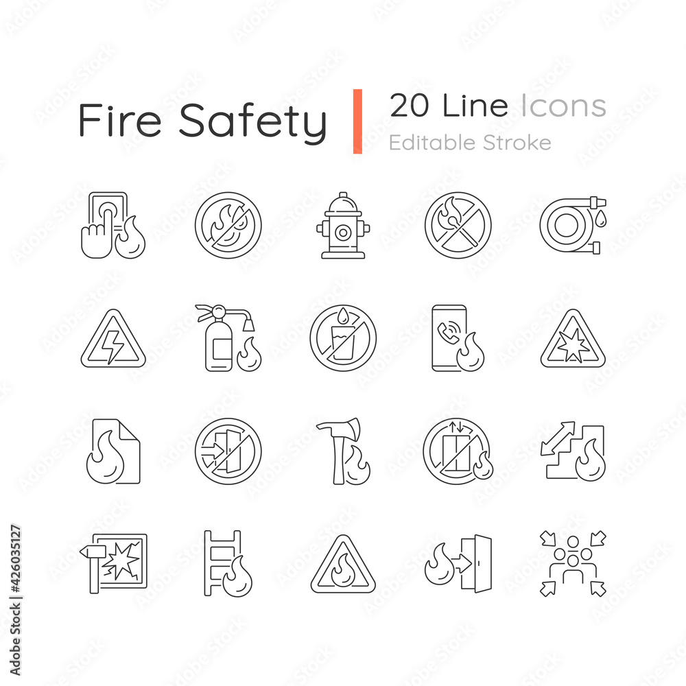 Fire safety linear icons set. Alarm for emergency. Pulaski axe. Risk situation guidelines. Customizable thin line contour symbols. Isolated vector outline illustrations. Editable stroke