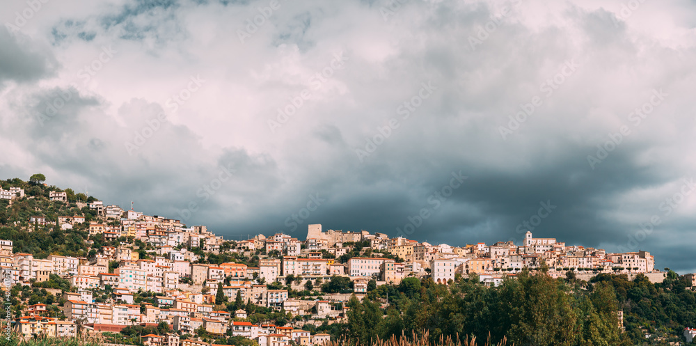 Monte San Biagio, Italy. Top View Of Residential Area. Cityscape In Autumn Day Under Blue Cloudy Sky