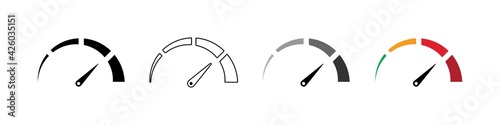 Speedometer minimalistic icon. Black, linear and colorful scale with arrow. Vector design elements