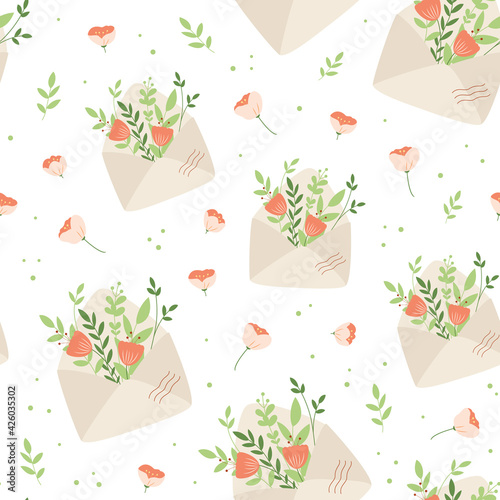 Seamless floral pattern. Envelope with flowers. Romantic background