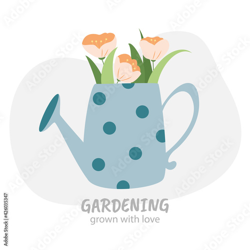 Vector flowers in blue watering can. Grown with love