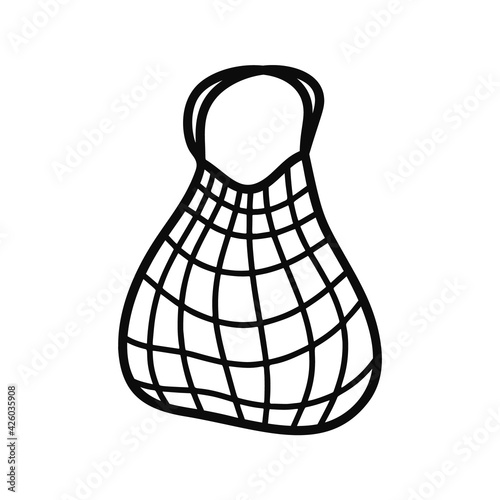 Market string bag doodle icon. Black hand drawn illustration of reusable cotton accessory for shopping. Contour isolated vector pictogram on white background