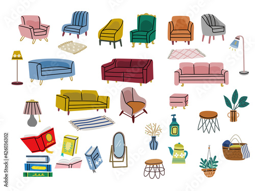 オシャレなインテリアイラスト集(家具、イス、雑貨)
Set of Various modern colorful comfortable Armchairs and Couches. Soft furniture for rest and relaxation. Room decoration, interior design. Hand drawn Vector illustrations. 