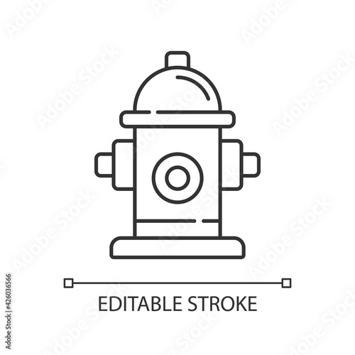 Fire hydrant linear icon. Firefighters department. Flame extinguishing. Fire safety. Thin line customizable illustration. Contour symbol. Vector isolated outline drawing. Editable stroke