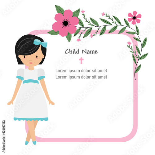 My first communion card. Girl with flower frame.