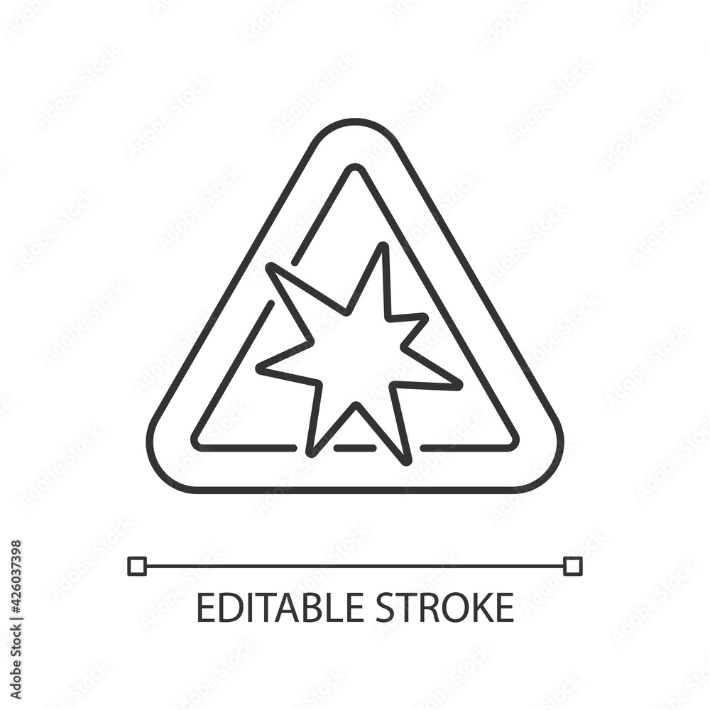 Risk of explosion linear icon. Warning for dangerous manufacture. Security rules. Fire safety. Thin line customizable illustration. Contour symbol. Vector isolated outline drawing. Editable stroke Risk of explosion linear icon. Warning for dangerous manufacture. Security rules. Fire safety. Thin line customizable illustration. Contour symbol. Vector isolated outline drawing. Editable stroke