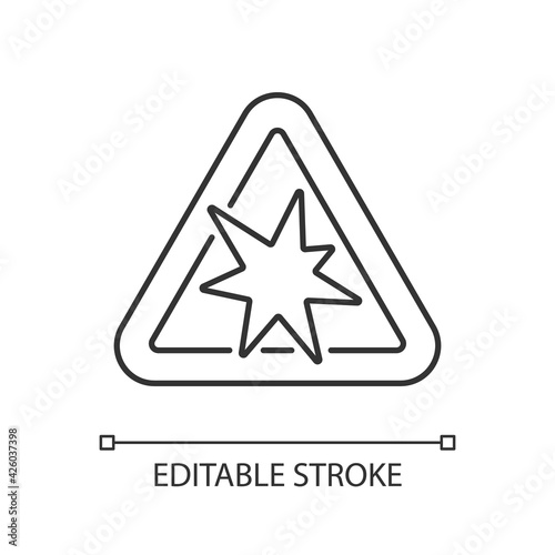 Risk of explosion linear icon. Warning for dangerous manufacture. Security rules. Fire safety. Thin line customizable illustration. Contour symbol. Vector isolated outline drawing. Editable stroke