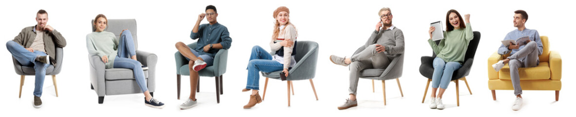 Young people relaxing in armchairs on white background