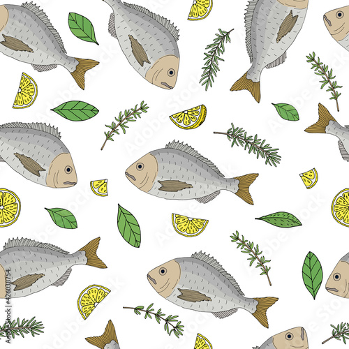 Beautiful seamless pattern, color fish Dorado with lemon, thyme, basil, rosemary. Vector illustration.