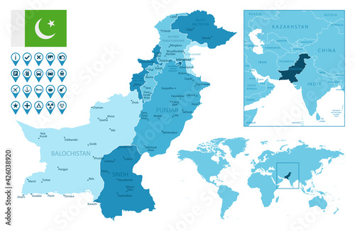 Pakistan detailed administrative blue map with country flag and location on the world map. Vector illustration