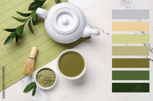 Composition with matcha tea on light background. Different color patterns