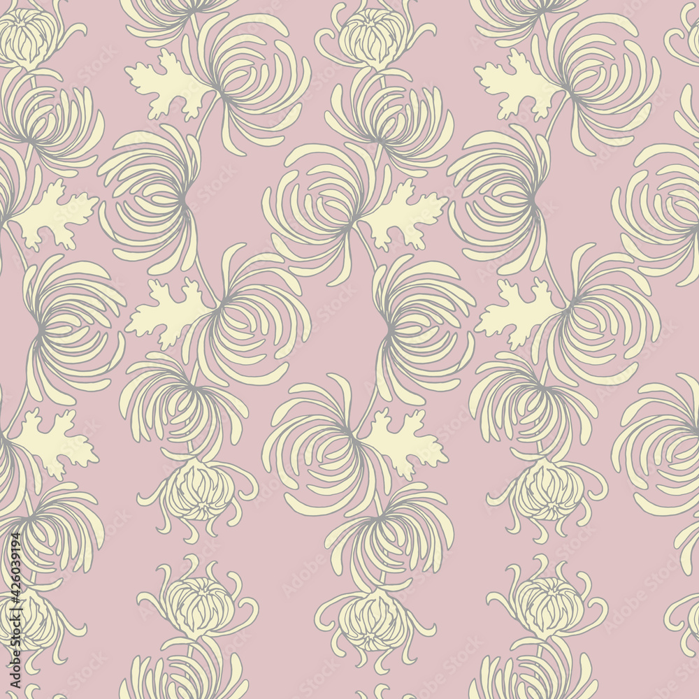 Seamless pattern of chrysanthemum branches with flowers, buds, leaves in pastel shades on a pink background. Seamless pattern of chrysanthemum branches with flowers, buds, leaves in pastel shades on a pink background.