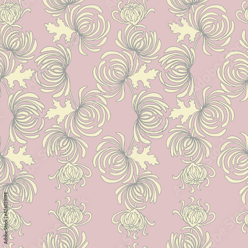 Seamless pattern of chrysanthemum branches with flowers  buds  leaves in pastel shades on a pink background.