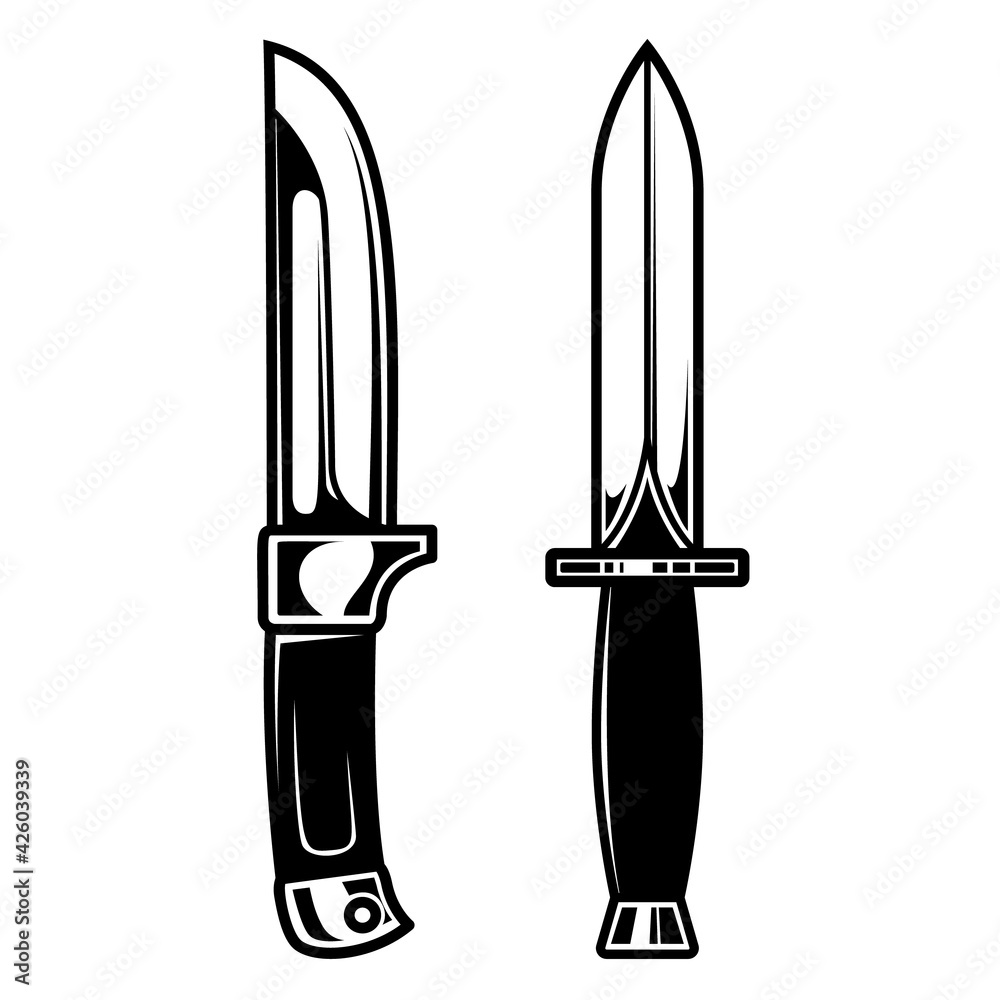 Illustration of combat knives. Design element for logo, label, sign, emblem, poster. Vector illustration