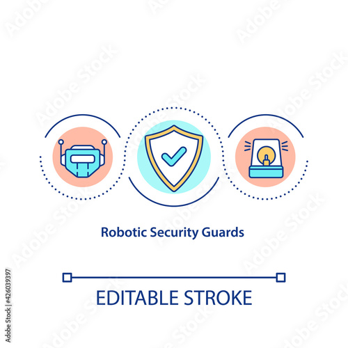 Robotic security guards concept icon. Security robots idea thin line illustration. Responsibility for office protecting and guarding. Vector isolated outline RGB color drawing. Editable stroke