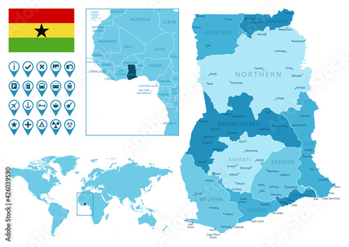 Ghana detailed administrative blue map with country flag and location on the world map. Vector illustration