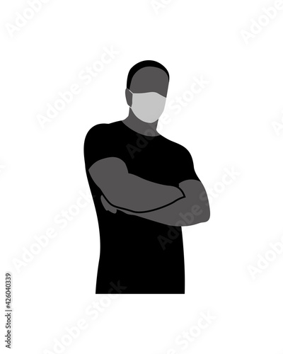 Man with crossed arms on his chest wearing a Surgical, Medical Face Mask that protects airborne diseases, viruses. Prevention of the COVID-19 pandemic. Air pollution Defence. Hand drawn vector sketch