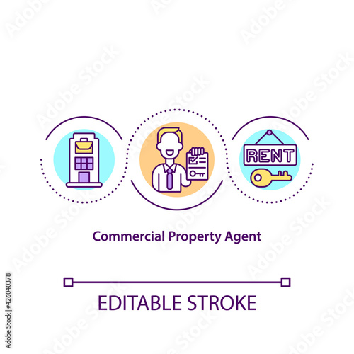 Commercial property agent concept icon. Middleman between owners and office buyers idea thin line illustration. Business activities. Vector isolated outline RGB color drawing. Editable stroke
