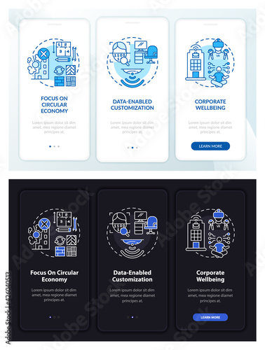 Future office design onboarding mobile app page screen with concepts. Worker wellness walkthrough 3 steps graphic instructions. UI, UX, GUI vector template with linear night and day mode illustrations