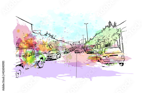 Building view with landmark of  El Aaiun is the largest city of Western Sahara. Watercolour splash with hand drawn sketch illustration in vector.