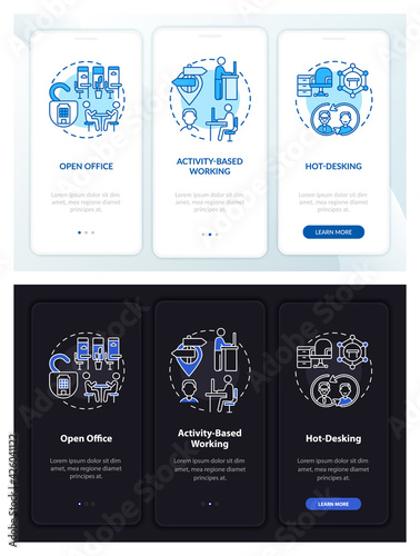 Future office environ onboarding mobile app page screen with concepts. Active working walkthrough 3 steps graphic instructions. UI, UX, GUI vector template with linear night and day mode illustrations